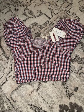 Red, White & Blue Gingham Puff Sleeve Crop Top
